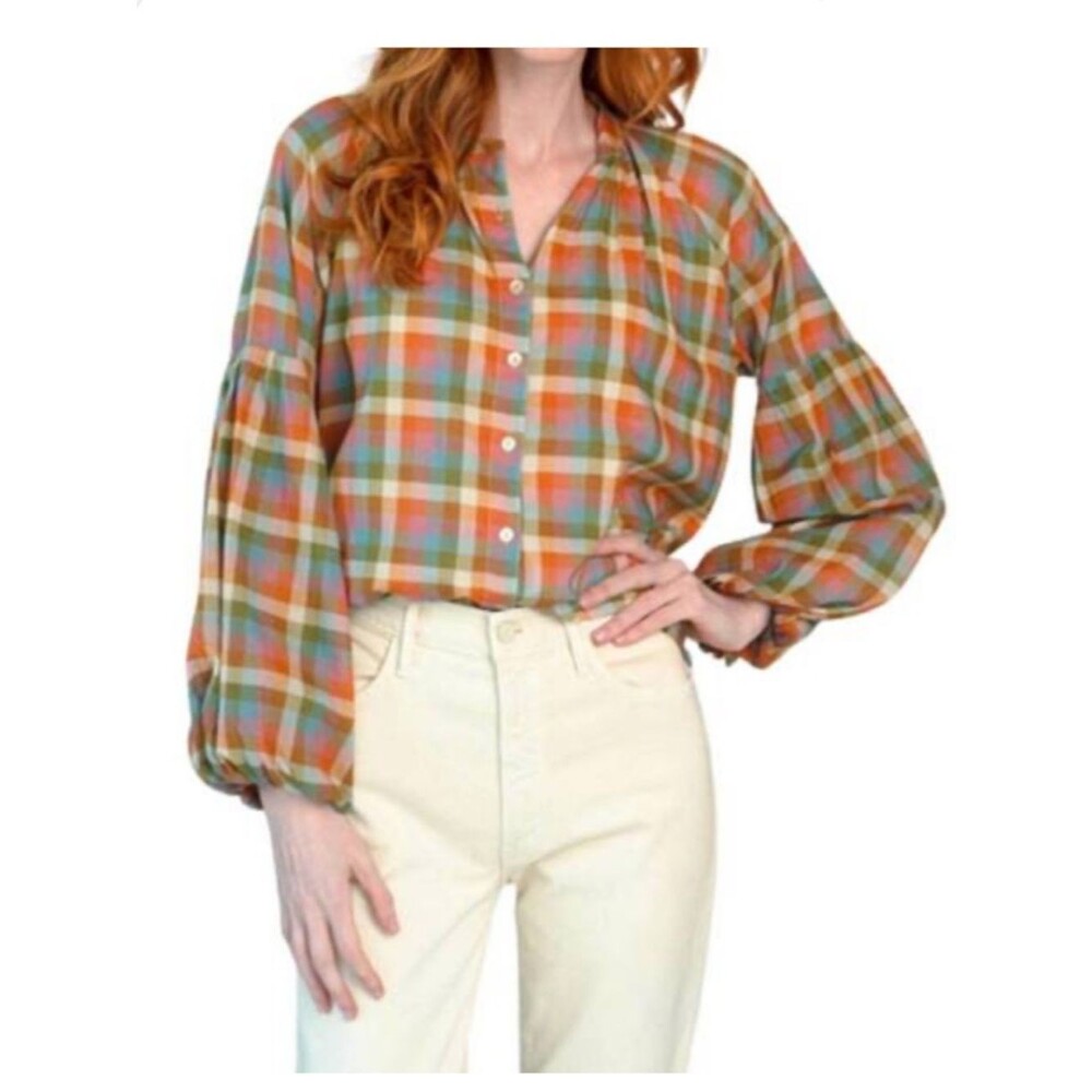 OLIVIA JAMES THE LABEL emory blouse in autumn plaid cottage core 100% cotton xs